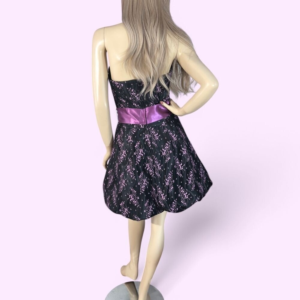 Vintage 90s Strapless Mini Dress | Black Lace & Purple Satin | Gothic Glam Small - Picture 5 of 8